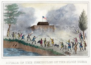 Aanval van de Seminoles op het Blokhuis, uitgegeven 1836 (handgekleurde gravure) door American School