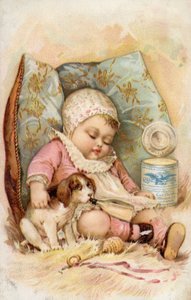 Baby met puppy drinkend uit fles, advertentie voor geconserveerde melk door American School