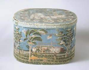 Doos bedekt met blokgedrukt papier met uitzicht op kasteel, c.1835