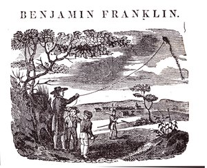 Benjamin Franklin (1706-90) voert zijn vliegerexperiment uit door American School