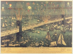 Vogelvlucht van de Grote New York en Brooklyn Bridge en het Grote Vuurwerk op de openingsavond in 1883 door American School