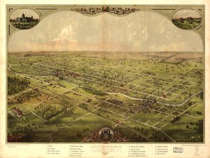 Vogelperspectief van de stad Lansing, Michigan 1866 (kleur litho)