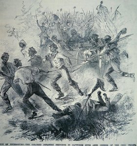 Zwarte troepen van het Union Army brengen veroverde kanonnen binnen tijdens het Beleg van Petersburg (1864-65) door American School