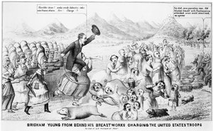 Brigham Young achter zijn borstweringen die de troepen van de Verenigde Staten aanvalt door American School