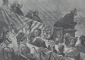 Brigham Young bekeken door zijn vele jonge vrouwen terwijl hij predikt in de Grote Mormoonse Tabernakel, Utah