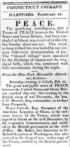 Pamflet waarin vrede tussen de VS en Groot-Brittannië na de oorlog van 1812 wordt aangekondigd, gedrukt in de Connecticut Courant, 1815 door American School