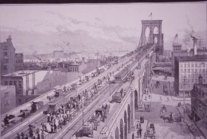 Brooklyn Bridge net na de openingsceremonie, gepubliceerd op 26 mei 1883 (gravure) door American School