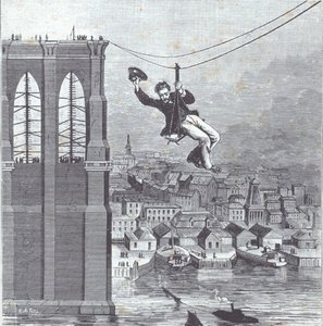 Brooklyn Bridge in aanbouw; de heer Farrington, hoofdconstructiesupervisor, is de eerste die de overspanning tussen de twee pylonen oversteekt op 25 augustus 1876 (gravure)