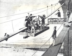 Brooklyn Bridge in aanbouw in 1876, het vlechten van de hangkabels (gravure)