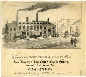 Brownings & Dunham & Companys IJzergieterij & Locomotief Fabriek, Voet van North Moore Street, New-York door American School