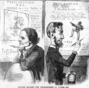 Butler opgehangen, de neger vrij, op papier, 1863 door American School
