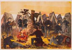 Kampvuur, pub. ca. 1865 kleurenlithografie door American School