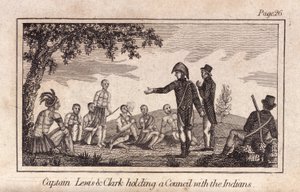 Kapitein Lewis & Clarke houden een raad met de Indianen, uitgegeven 1812 (gravure) door American School