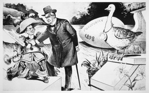 Cartoon toont President Mckinley die probeert de 