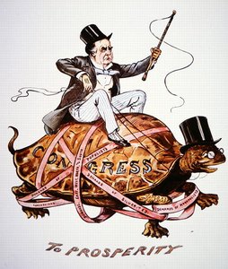 Cartoon die president William Mckinley (1843-1901) toont die zijn beleid door het congres probeert te krijgen door American School