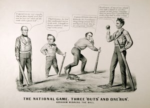 Cartoon met Abraham Lincoln (1809-65) die de bal wint tegen zijn tegenstanders Douglas, Bell en Breckenridge in de presidentsverkiezingen van 1860, 1860 door American School