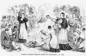 Katholieke priesters die bijbels verbranden in Champlain, New York, illustratie uit een anti-katholiek pamflet, 1842