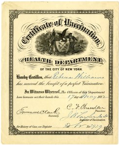 Vaccinatiecertificaat, de Gezondheidsdienst van de Stad New York..., 1882 door American School