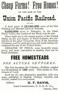 Goedkope Boerderijen en Gratis Huizen langs de Union Pacific Railroad lijn, advertentie uit Appletons Journal, 4 mei 1872 door American School