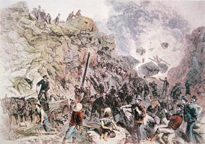 Chinese arbeiders helpen bij de bouw van de Central Pacific Railroad, voltooid in 1869 (kleur litho)
