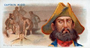 Sigarettenkaart Kapitein Kidd, Begraaf Schat, uitgegeven 1888 kleur lithografie door American School