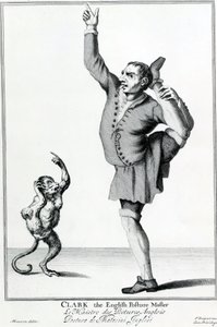 Clark de Engelse Houdingmaker, uit de serie The Cryes of the City of London Drawne after the Life, gravure naar Marcellus Laroon II, uitgegeven door Pierce Tempest, 1688