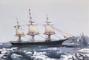Clipper Schip Red Jacket in het ijs bij Kaap Hoorn op haar reis van Australië naar Liverpool, uitgegeven door Currier en Ives, 1854