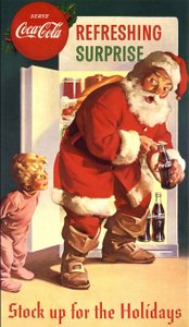 Coca-Cola-advertentie met de kerstman, jaren 40. Voorafgaande toestemming voor gebruik met Coca-Cola vereist door American School