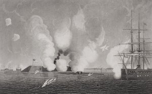 Gevecht tussen de Geconfedereerde CSS Virginia (links) en de Unie USS Monitor (midden) op 9 maart 1862 bij Hampton Roads, Virginia