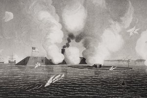 Gevecht tussen de Geconfedereerde CSS Virginia (links) en de Unie USS Monitor (rechts) op 9 maart 1862 bij Hampton Roads, Virginia (detail)