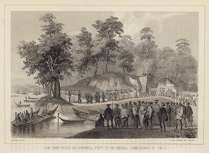 Commodore Perry brengt zijn afscheidsbezoek aan de keizerlijke commissarissen in Simoda, Japan
