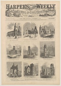 Omslag van Harpers Weekly met scènes van de verwoeste kerken van Chicago, 11 november 1871