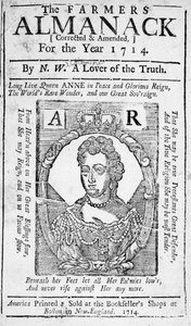 Omslagpagina van The Farmers Almanack, uitgegeven 1714 door American School
