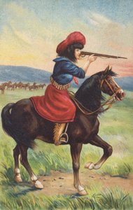 Cowgirl te paard richt een geweer (chromolitho) door American School