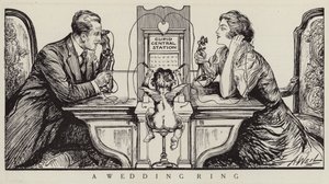 Cupido orkestreert een telefoongesprek tussen een man en een vrouw (litho) door American School
