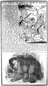 Davy Crockett die twee Fransen afbetaalt voor het beledigen van zijn geliefde, het temmen van een leeuwin, enz., illustratie uit Crocketts Almanak