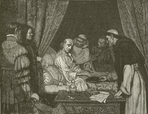 Sterfbed van Copernicus, naar het schilderij van E Blair Leighton door American School