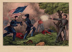 Dood van Col. Edward D. Baker, bij de Slag van Balls Bluff nabij Leesburg VA., 21 oktober 1861, uitgegeven door Currier & Ives, ca. 1861