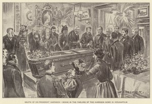 De dood van ex-president Harrison, scène in de salons van het huis van Harrison in Indianapolis (litho) door American School