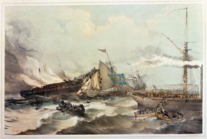 Vernietiging van het emigrantenschip Ocean Monarch, gegraveerd door Maclure, 1845