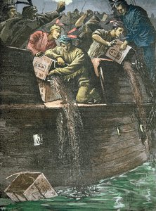 Vernietiging van de theeladingen, bekend als de Boston Tea Party door American School