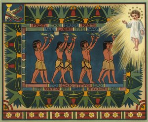 Egyptisch-thema Kerstkaart, toont hoe het Verleden leidde tot Jezus Christus