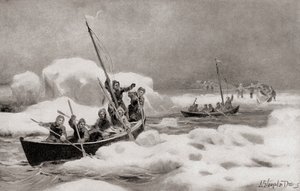 Elisha Kent Kane, leider van de Tweede Grinnell-expeditie van 1853, op zoek naar de verloren expeditie van kapitein Sir John Franklin in de Arctische gebieden, uit De Geschiedenis van Ons Land, gepubliceerd in 1905 (litho) door American School