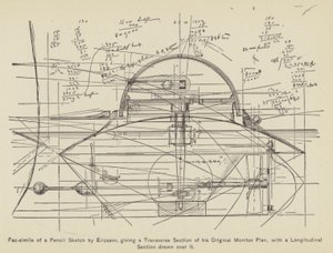 Facsimile van een Potloodschets door Ericsson, met een Dwarsdoorsnede van zijn Originele Monitor (gravure) door American School