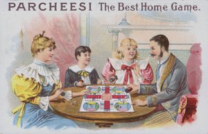 Gezin dat een spelletje Parcheesi speelt door American School