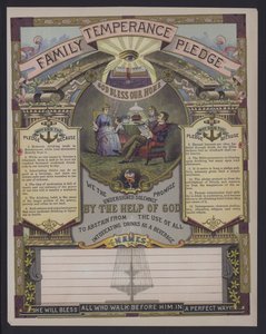 Familie onthoudingsbelofte (gekleurde gravure) door American School
