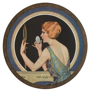 Flapper brengt make-up aan in een spiegel