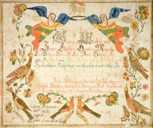 Fraktuur voor de geboorte- en doopakte van Elizabeth Wachter (1808-71) 1808 (inkt  aquarel op papier) door American School