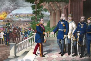 Frans-Duitse Oorlog 1870-1871: De overgave van Napoleon III na de slag bij Sedan, 2 september 1870. Kleurgravure, Amerikaans, ca. 1871 - Oorlog van 1870: Napoleon III (1808-1873) gevangene na de slag bij Sedan ontmoet Willem I van Pruisen (1797-