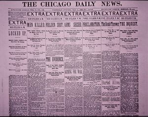 Voorpagina van The Chicago Daily News met berichtgeving over de Chicago Haymarket Arbeidersoproer, 5 mei 1886 door American School